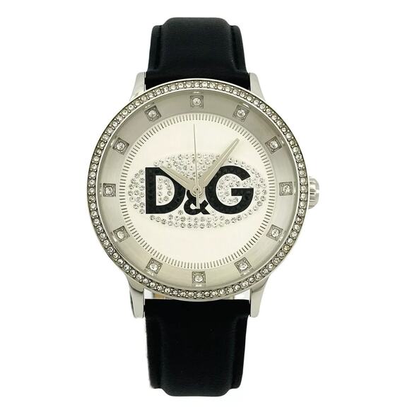 D&G Dolce & Gabbana Ladies Prime Time Sparkling Stones Black Leather Strap - Picture 1 of 8